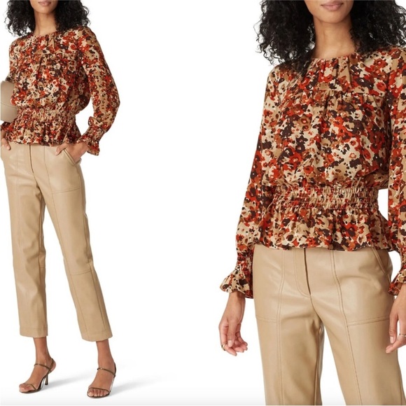 Victor Alfaro Collective Blouse Brown Painted Floral Peplum Top Size XS - Picture 2 of 13